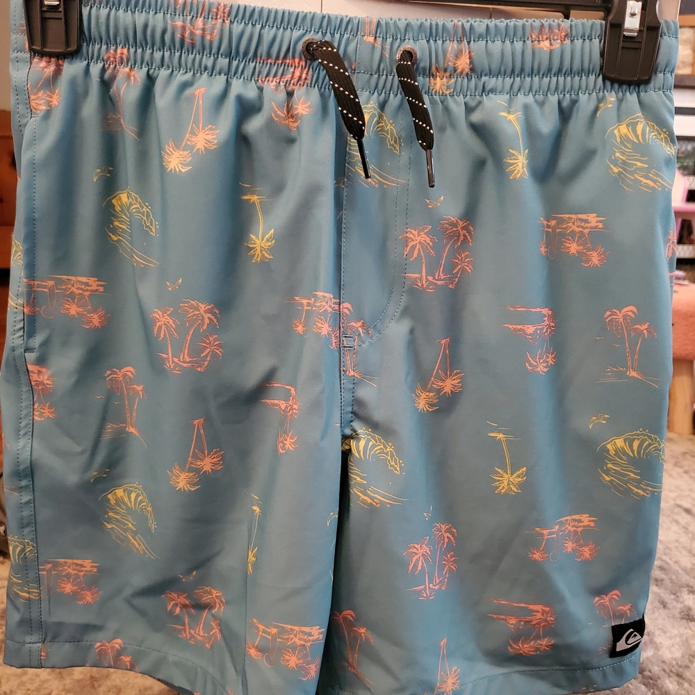 Quiksilver Teal Swim Shorts with Coral Tropical Print